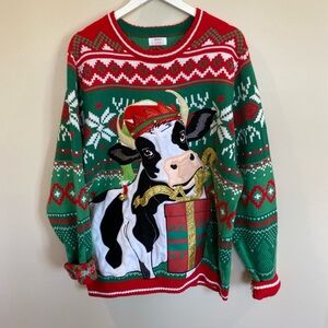 Funny Ugly Christmas Sweater Cow Bells Mens XL Green Holiday Time
